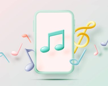 Mobile phone with Music notes, song, melody or tune 3d realistic vector icon for musical apps and websites background vector illustration