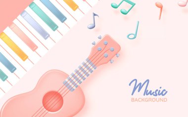 Guitar or Ukulele with Music notes, song, melody or tune 3d realistic vector icon for musical apps and websites background vector illustration