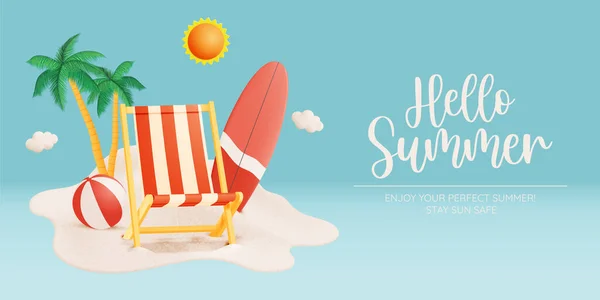 夏季和海滩的三维写实主义艺术风格的甲板椅子 附有彩色矢量画图 — 图库矢量图片