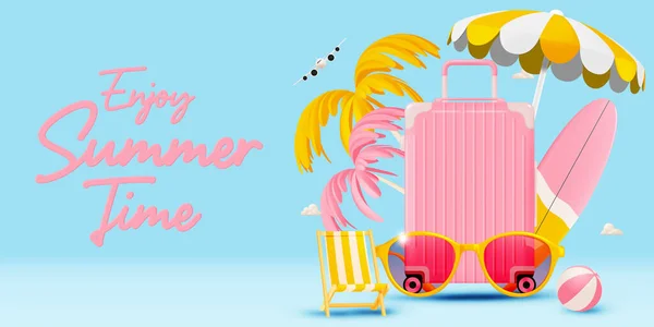 Summer Beach Things Realistic Art Style Pastel Color Vector Illustration - Stok Vektor