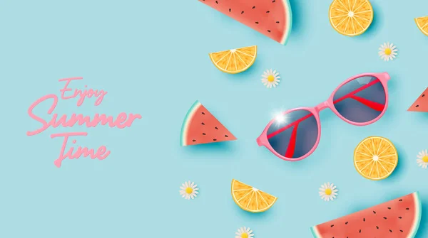 Sunglasses Tropical Fruits Cute Art Style Pastel Color Scheme Background — Stock vektor