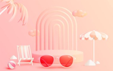 Podyum sahnesi olan yaz ve plaj şeyleri, üç boyutlu gerçekçi sanat tarzıyla pastel rengi minimum vektör illüstrasyonuyla taklit edilir.