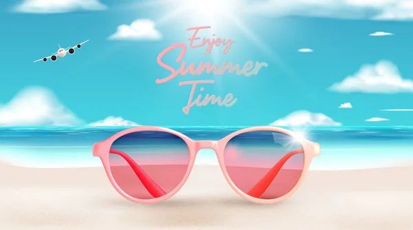 Okulary Słoneczne Plaży Pięknym Niebem Sezon Letni Sztandar Pastelowy Wektor — Wektor stockowy