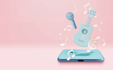 Mobile phone with Music notes, song, melody or tune 3d realistic vector icon for musical apps and websites background vector illustration