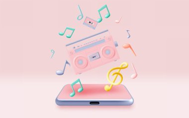 Mobile phone with Music notes, song, melody or tune 3d realistic vector icon for musical apps and websites background vector illustration