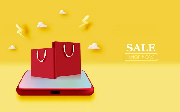 Einkaufstasche Und Handy Zum Verkauf Banner Online Shopping Anwendung Realistischen — Stockvektor