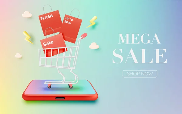 Einkaufstasche Und Handy Zum Verkauf Banner Online Shopping Anwendung Realistischen — Stockvektor