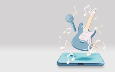 Müzik uygulamaları ve web siteleri için cep telefonu vektörlü elektro gitar Pastel renk şemasında arka plan vektör çizimi