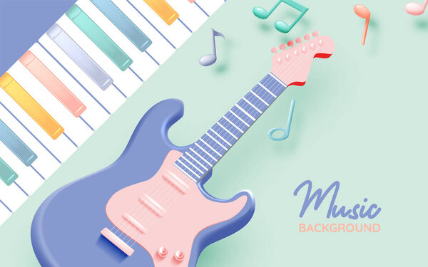 Электрогитара с музыкальными нотами, песнями, мелодией или мелодией 3D реалистичной векторной иконки для музыкальных приложений и веб-сайтов