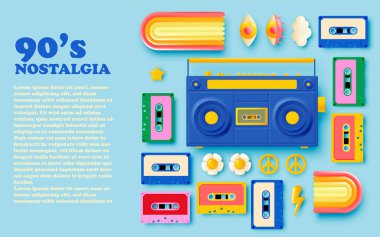 90 'ın nostalji konsepti temalı kaset teyp ve teyp radyosu ya da pastel renkli şemada vektör illüstrasyon arkaplanı