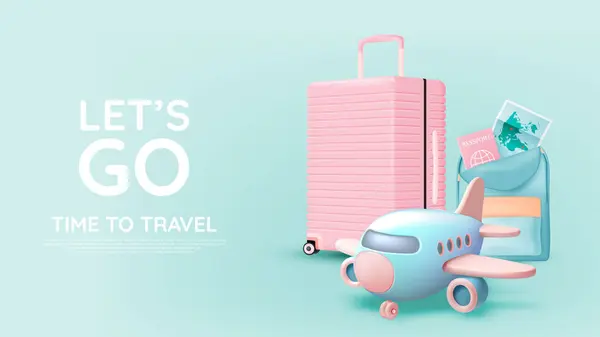 Seyahat Temalı Arka Planda Bir Pastel Bavul Oyuncak Uçak Pasaport Stok Illüstrasyon