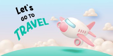 Gökyüzünde uçan sevimli uçak arka planda güzel bir vektör illüstrasyonuyla üç boyutlu sanat eseri.