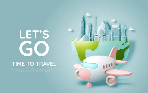 Seyahat Temalı Arka Planda Bir Pastel Bavul Oyuncak Uçak Pasaport Stok Vektör