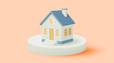 Yuvarlak bir kaide üzerine kurulmuş mavi çatılı küçük bir evin basit ve zarif bir çizimi. Resim yumuşak pastel renkler kullanıyor, sakin ve misafirperver bir atmosfer yaratıyor, ev ve konfor kavramları için ideal..