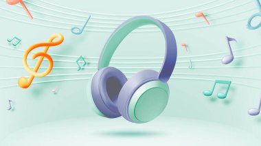 Yumuşak yeşil arkaplandaki renkli müzik notalarıyla çevrili bir çift yüzen kulaklıkla dinamik ve sürükleyici bir müzik yolculuğunun ruhunu yakalayan canlı bir illüstrasyon..