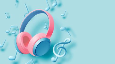 Yumuşak yeşil arkaplandaki renkli müzik notalarıyla çevrili bir çift yüzen kulaklıkla dinamik ve sürükleyici bir müzik yolculuğunun ruhunu yakalayan canlı bir illüstrasyon..