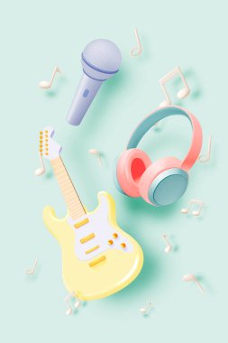 Canlı ve eğlenceli bir illüstrasyon. Mikrofon, elektro gitar ve kulaklıklar. Pastel yeşil arka planda müzik notaları eşliğinde.,