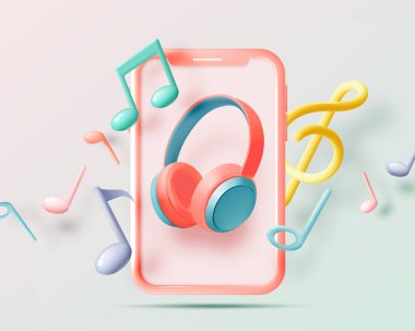 Mobile phone with Music notes, song, melody or tune 3d realistic vector icon for musical apps and websites background vector illustration