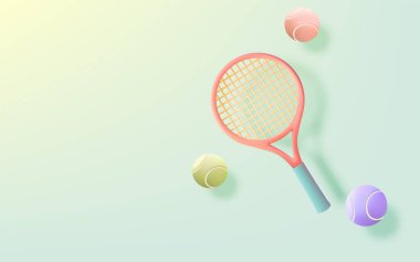 Canlı bir tenis raketi ve yumuşak pastel arka planda düzenlenmiş birden fazla renkli tenis topu fitness ve tenis kavramları için hafif ve eğlenceli bir spor temalı imaj yaratıyor..