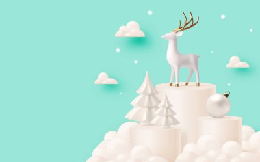 A serene winter scene featuring a white reindeer with golden antlers, surrounded by snow-covered trees and golden baubles, evoking festive elegance and holiday spirit. clipart