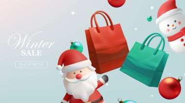 Noel Baba, neşeli bir kardan adam, renkli alışveriş torbaları ve bayram alışverişini desteklemek için dekoratif süsler.