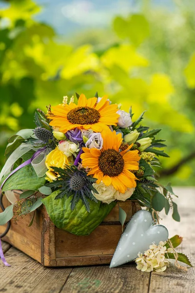 Colorful Autumn Flower Bouquet Wooden Box Garden Table — Stock Photo, Image