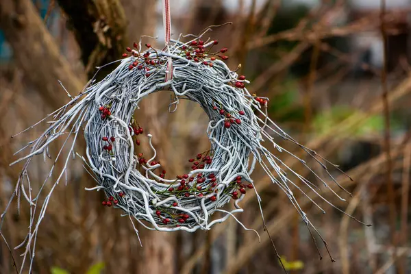 Wreath Made Birch Twigs Rose Hips Stock Picture