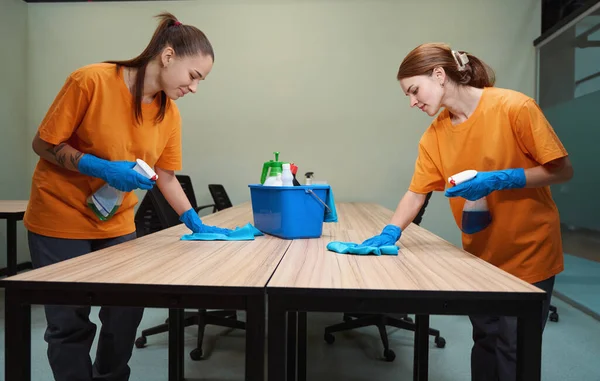 Dos Mujeres Camisas Juego Usando Suministros Limpieza Casa Caja Para —  Fotos de Stock