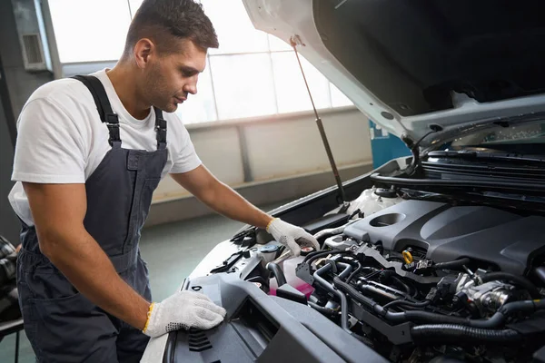 Male Protective Suit Gloves Standing Car Looking Engine Compartment Repair — Stock Photo, Image