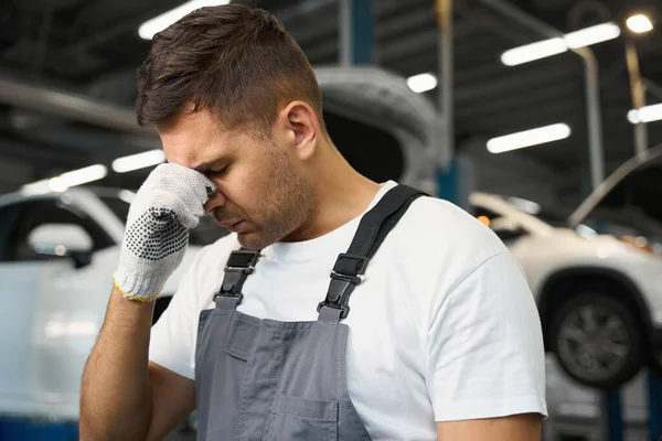 Portrait Sad Male Protective Clothes Gloves Standing Garage Car — Stock Photo, Image