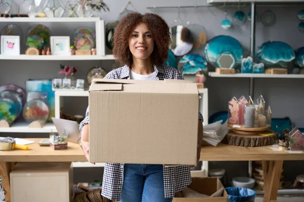 Waist Portrait Curly Female Holding Big Cardboard Customer Purchase While — Stock Photo, Image