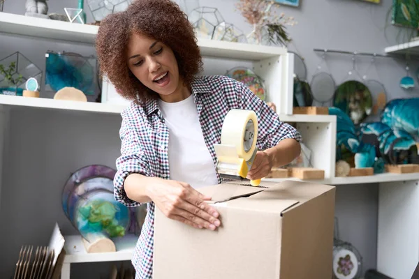Smiling Woman Using Abhesive Tape Cardboard Box Packing Customer Orders — Stock Photo, Image