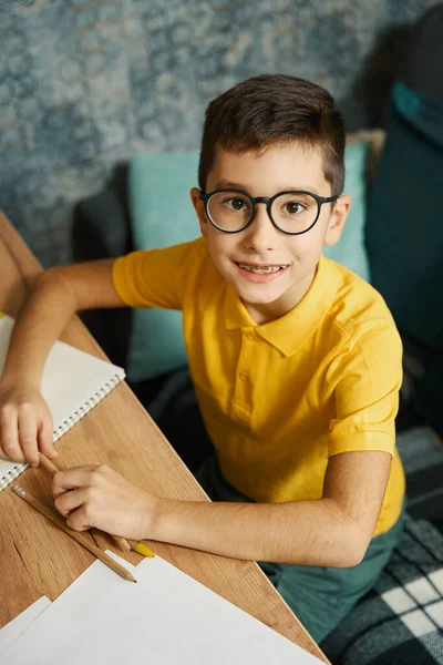 Portrait Child Sitting Table Holding Pencil Doing School Homework Home — Stock Photo, Image