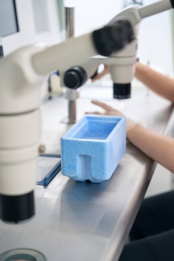 Laboratuvardaki masada sıvı nitrojenle Cuvette vitrifikasyon işlemi için gerekli materyali hazırlar.