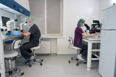 Man and a woman at the workplace in the laboratory, they are conducting research on biological material