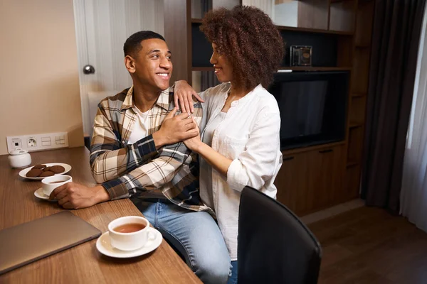 Charming Multiracial Man Chatting His Wife Morning Coffee Hotel Room — Foto de Stock