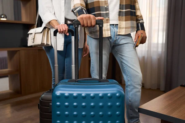 Guy His Girlfriend Standing Travel Suitcases Hotel Room Woman Has — Foto de Stock
