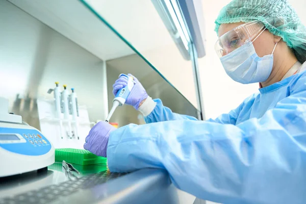 Researcher Goggles Overalls Collects Biomaterial Special Pipette She Works Sterile — Stock Photo, Image