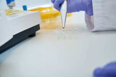 Llaboratory assistant holds a special pellet in his hand, he measures the biomaterial and fills the containers for analysis