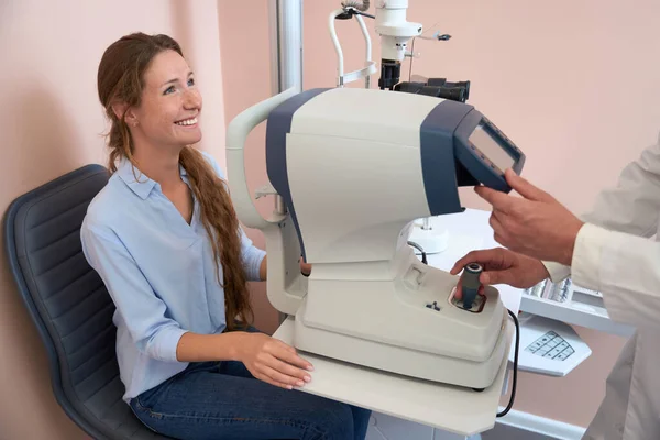Waist Side View Portrait Laughing Female Getting Qualified Oculist Consultation — Stock Photo, Image