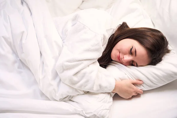 Charming Young Female Sleeps Sweetly Soft Pillow Woman Smiles Her — Stock Photo, Image