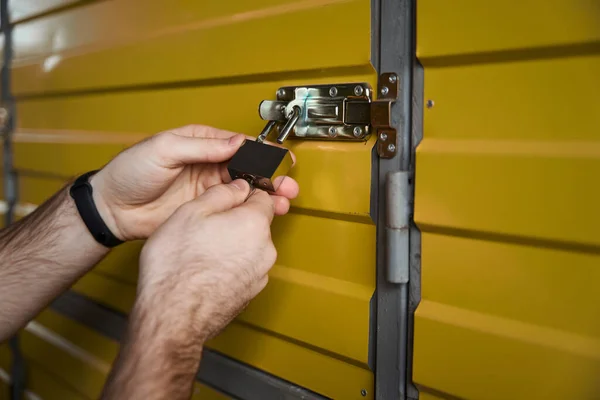 Close Photo Man Hands Using Lock Locker — Stock Photo, Image