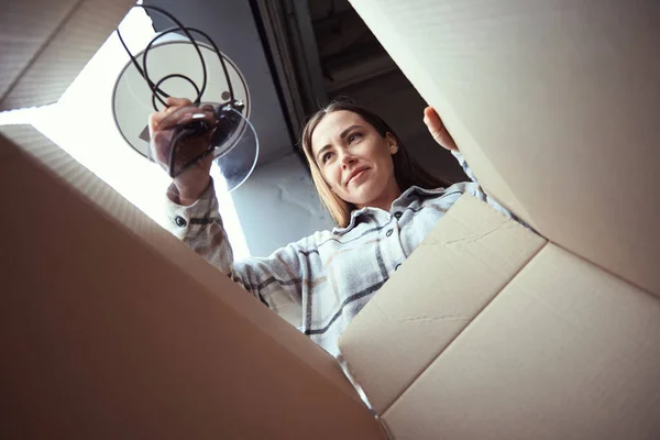 Low View Satisfied Woman Holding Object Cardboard Box — Stock Photo, Image
