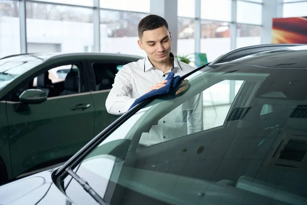 Satisfied Young Man Office Clothes Wipes Body Shiny New Car — Stock Photo, Image