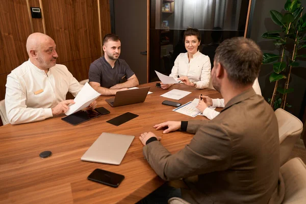 Council Physicians Sitting Desk Papers His Hands Looking Male Office — Stock Photo, Image