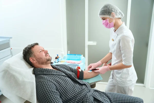 Specialist Medical Uniform Takes Blood Middle Aged Patient Man Has — Stock Photo, Image