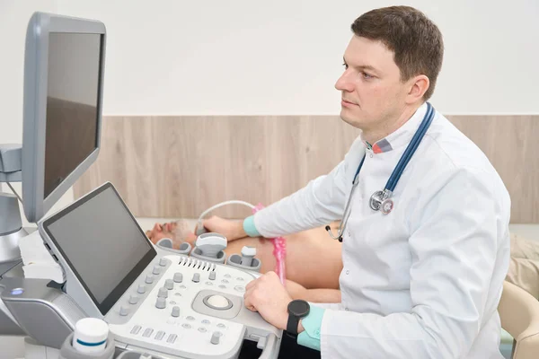 Doctor White Coat Stethoscope Performing Ultrasound Examination Thyroid Gland Man — Stock Photo, Image