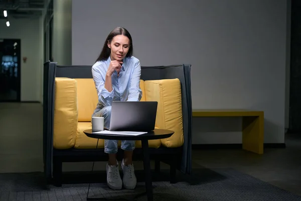 Empregado Empresa Focado Calma Olhando Para Tela Laptop Enquanto Sentado — Fotografia de Stock