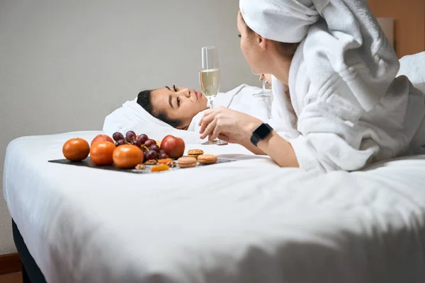 Side View Female Towels Her Head Lie Bed Fruits Champagne — Stock Photo, Image
