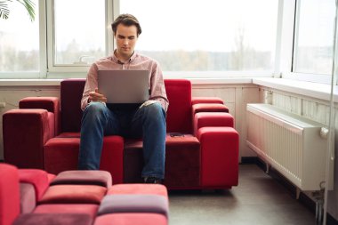 Kanepeye oturmuş şirket ofisindeki taşınabilir bilgisayarda çalışan ciddi konsantre bir adam.